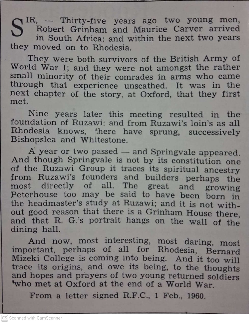 A 1960 letter describing the founding lineage of Rhodesia's trust schools and the genesis of Bernard Mizeki College